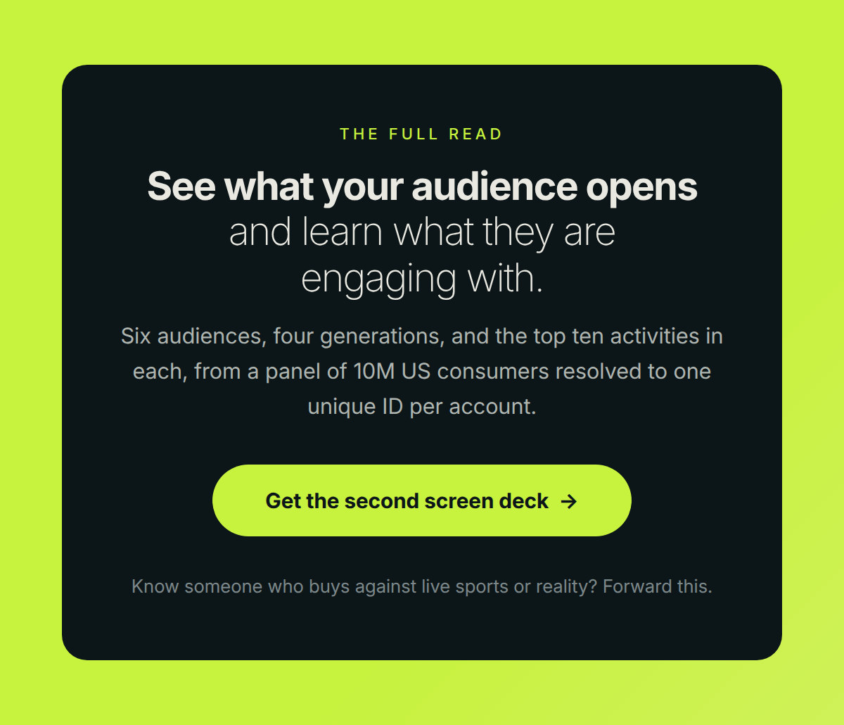 The full read See what your audience opens and learn what they are engaging with. Six audiences, four generations, and the top ten activities in each, from a panel of 10M US consumers resolved to one unique ID per account. Get the second screen deck to Know someone who buys against live sports or reality? Forward this.