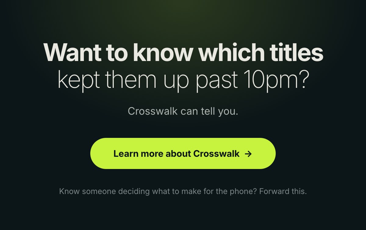 Want to know which titles kept them up past 10pm? Crosswalk can tell you.